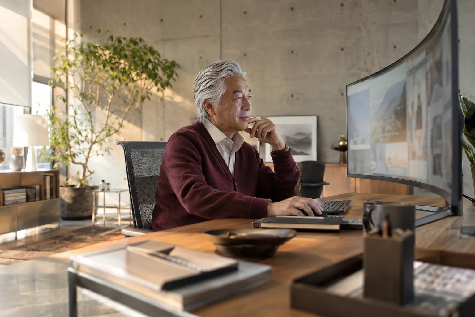 Team leader using a curved monitor in a minimalist office.