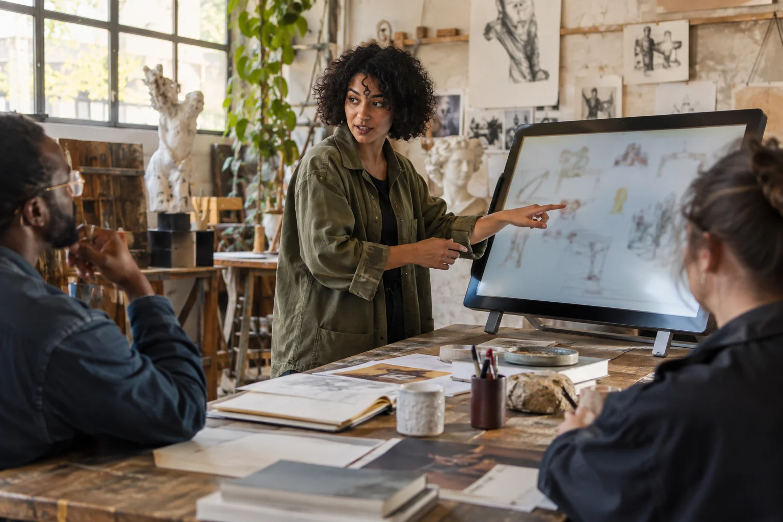 Designer presenting drawings to colleagues in an atelier.