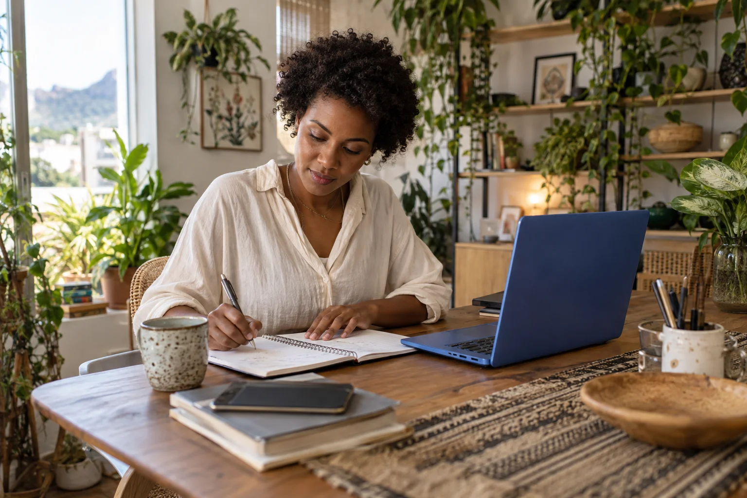 Freelancer reviewing a budget notebook beside her laptop.
