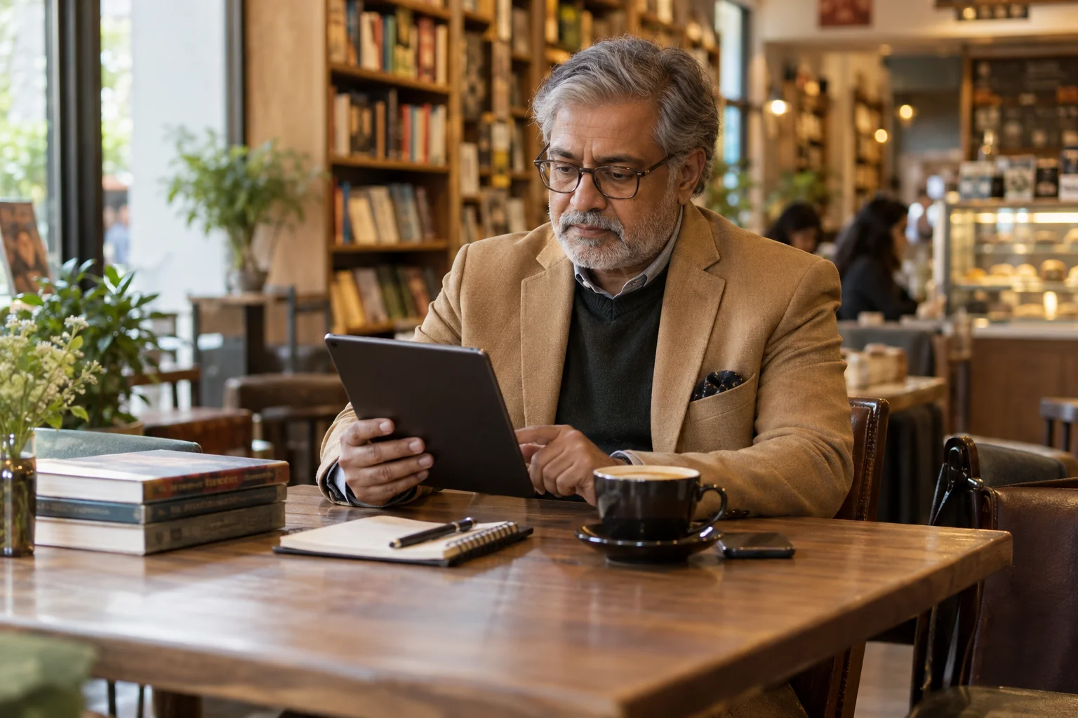 Business owner reviewing documents on a tablet in a bookstore café.