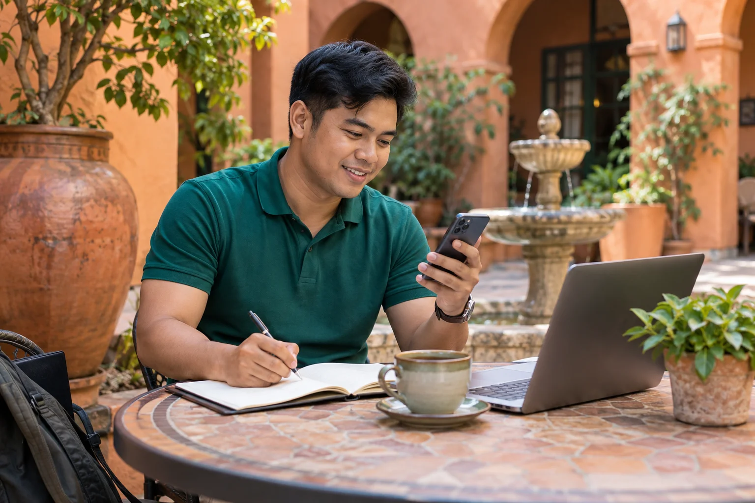 Organiser checking his phone and notes in a courtyard.