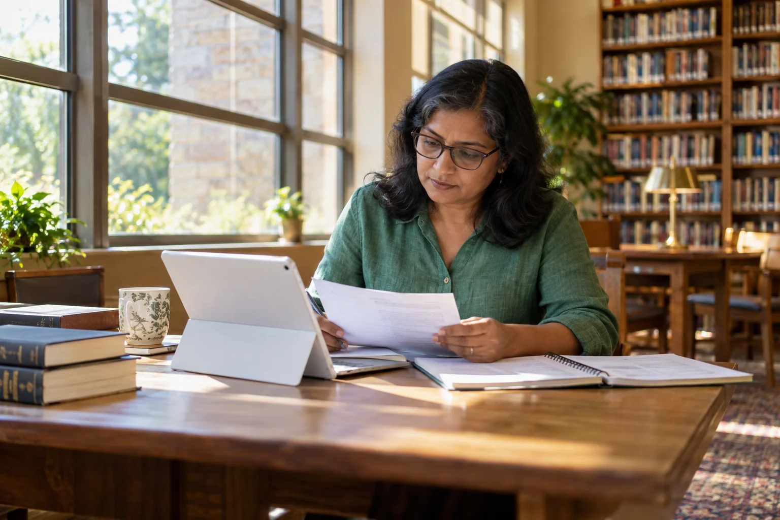 Professional reviewing notes at a library table.