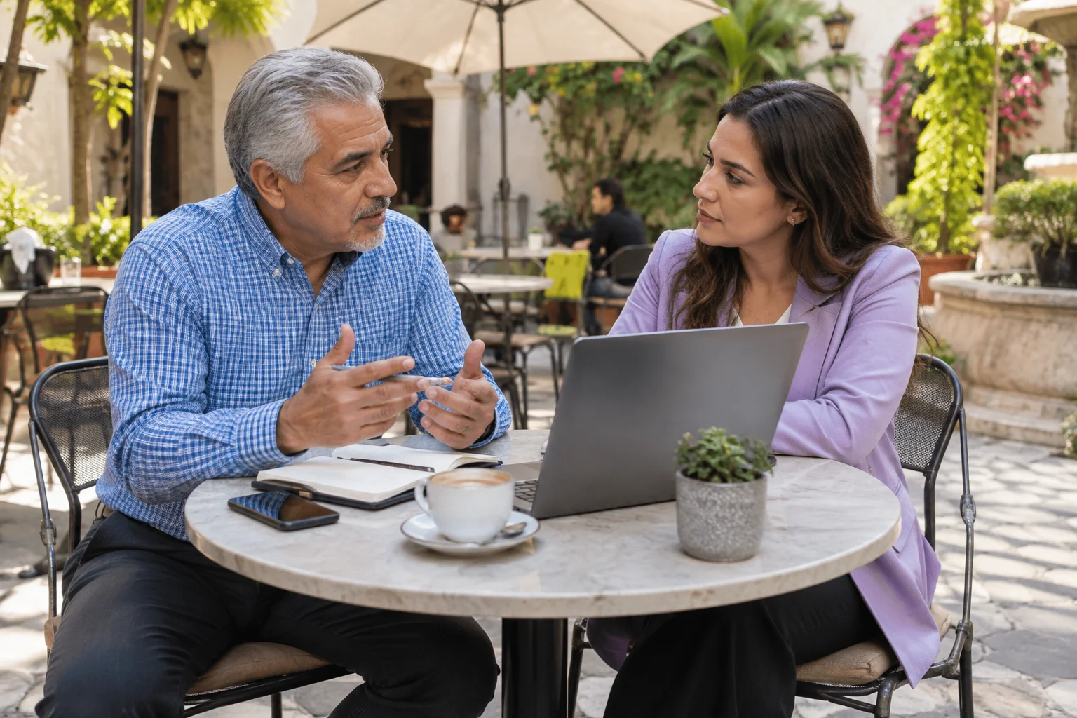 Colleagues discussing their meeting at an outdoor café.