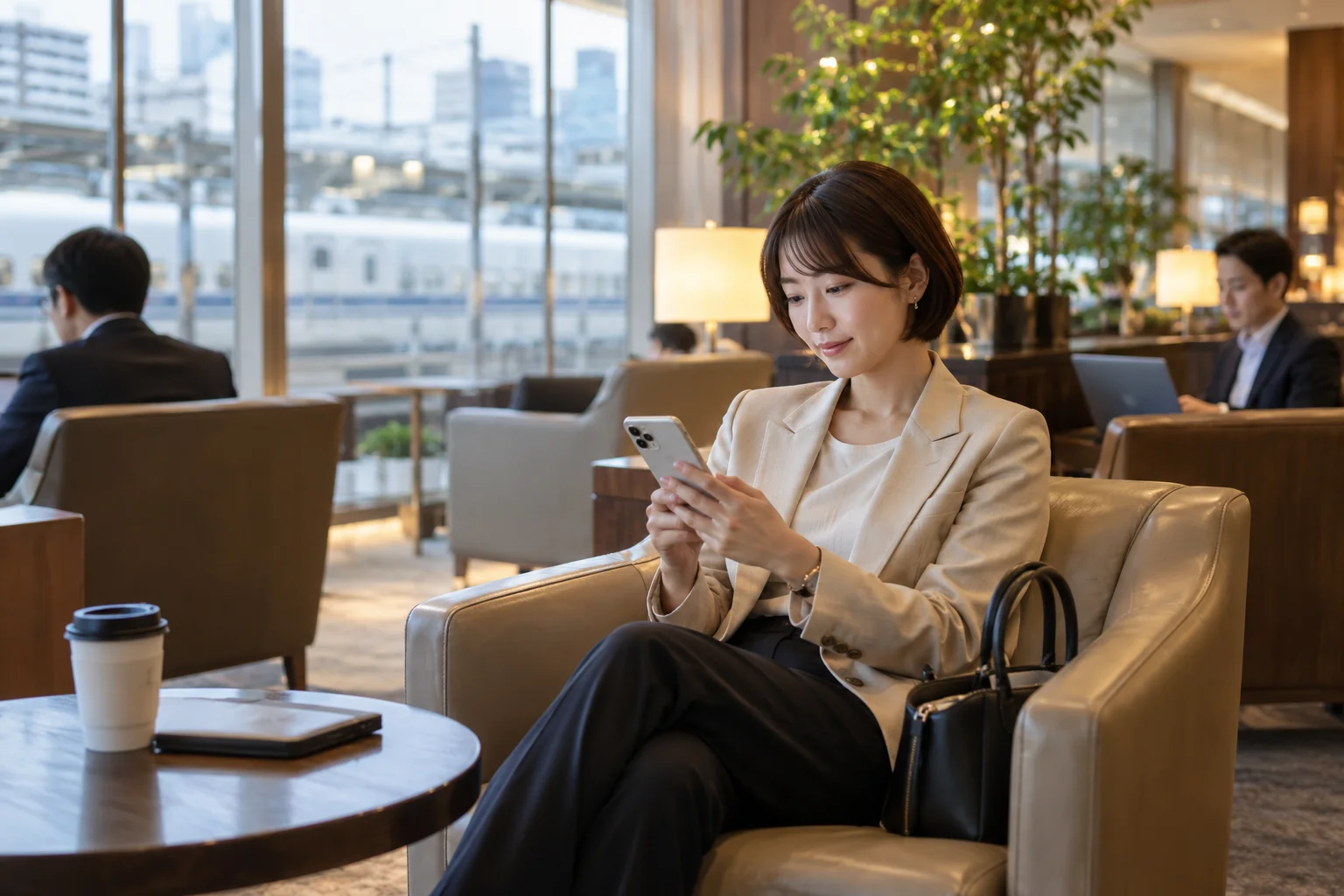 Traveler checking her phone in a station business lounge.