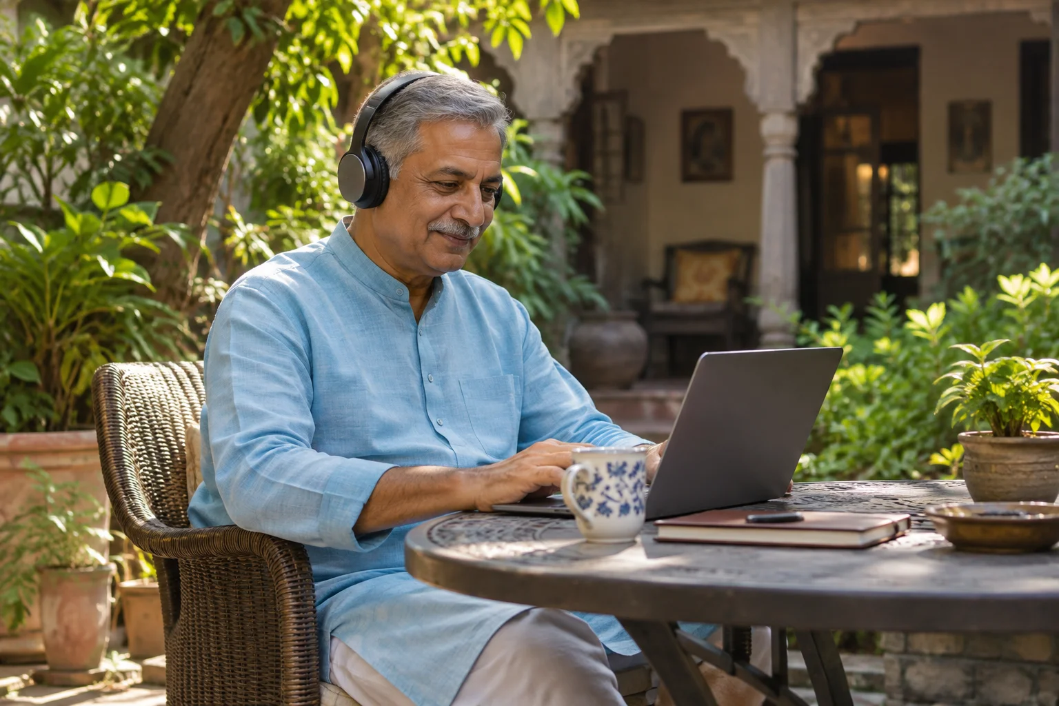 Professional listening through headphones in a courtyard.