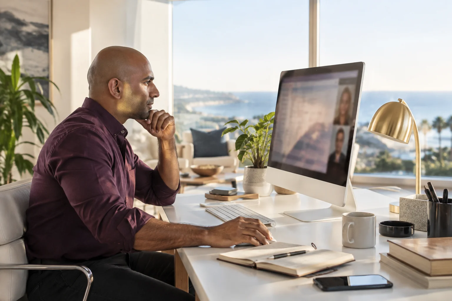 Consultant preparing a meeting at a desktop computer in a coastal office.