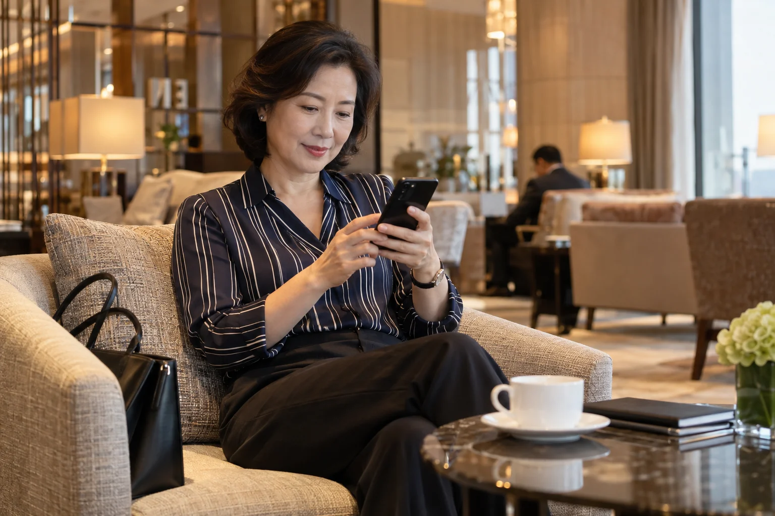 Guest checking an invitation in a hotel lounge.