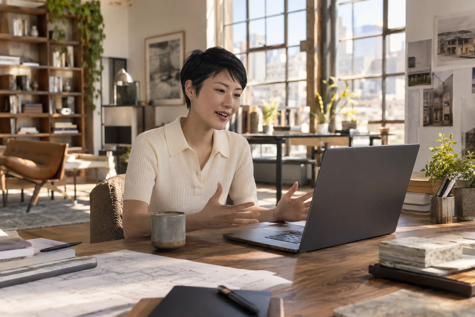 Professional joining a meeting from a sunlit loft desk.