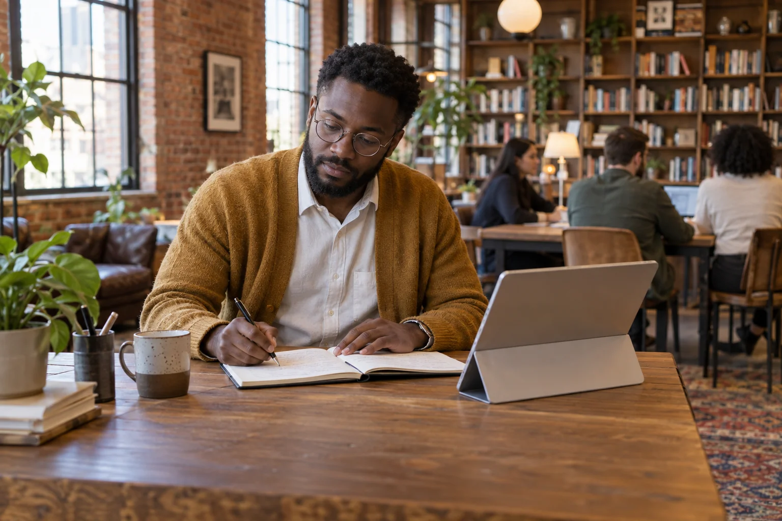 Consultant reviewing meeting notes at a tablet in a coworking library.