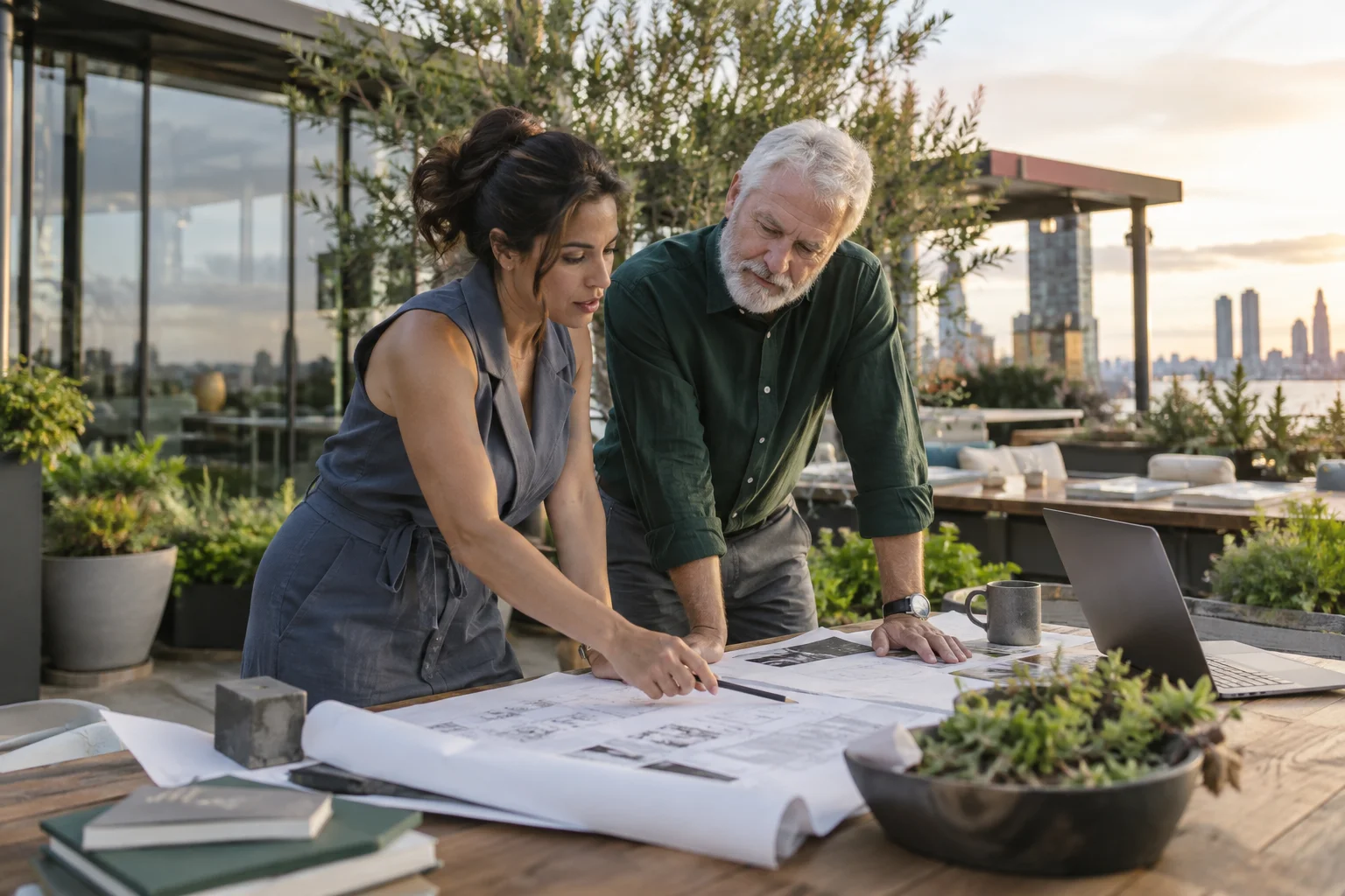 Colleagues reviewing plans at a rooftop office garden.
