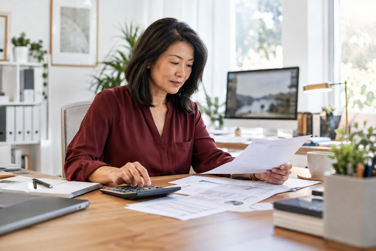 Professional reviewing meeting plans and estimates at her desk.