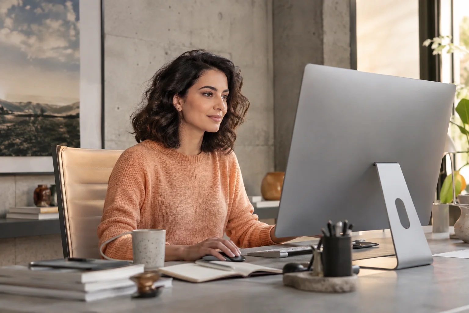 Entrepreneur working at a desktop computer in a concrete studio.