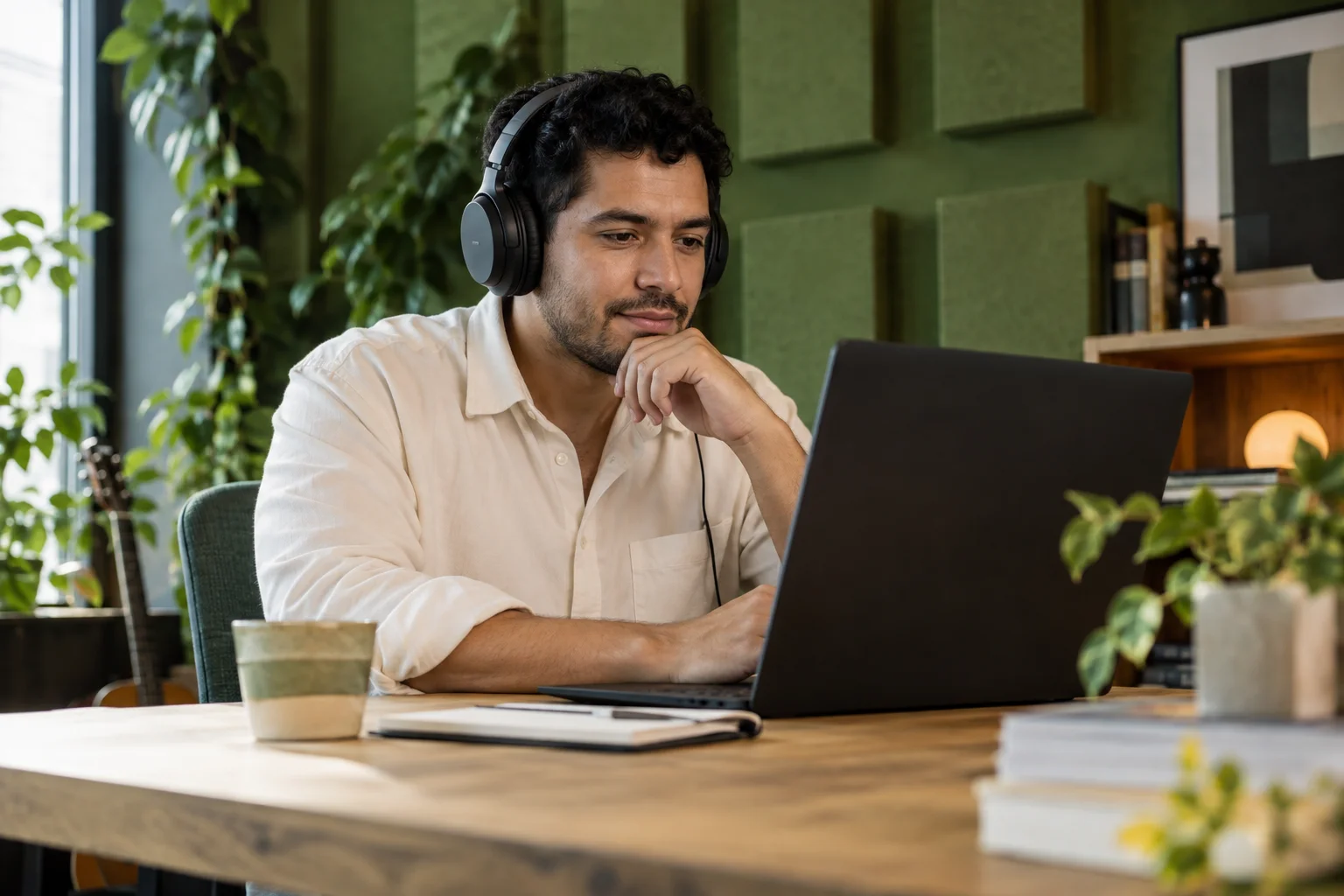 Professional listening through headphones at his laptop.