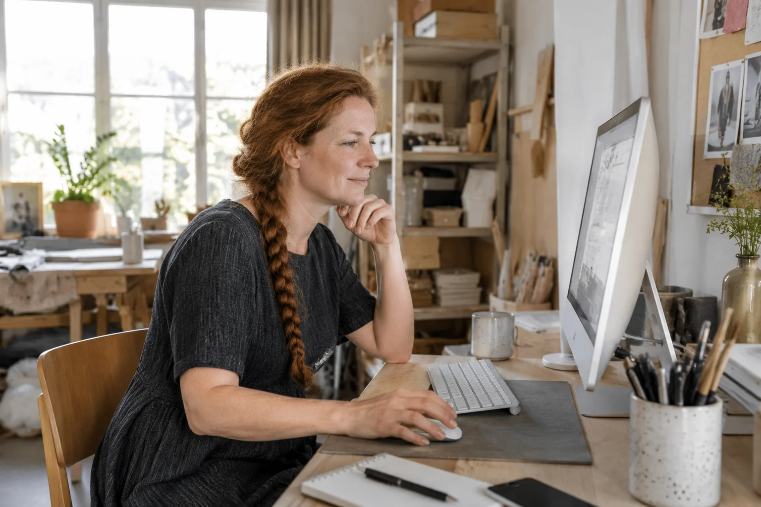 Woman reviewing files at a desktop computer in a craft office.