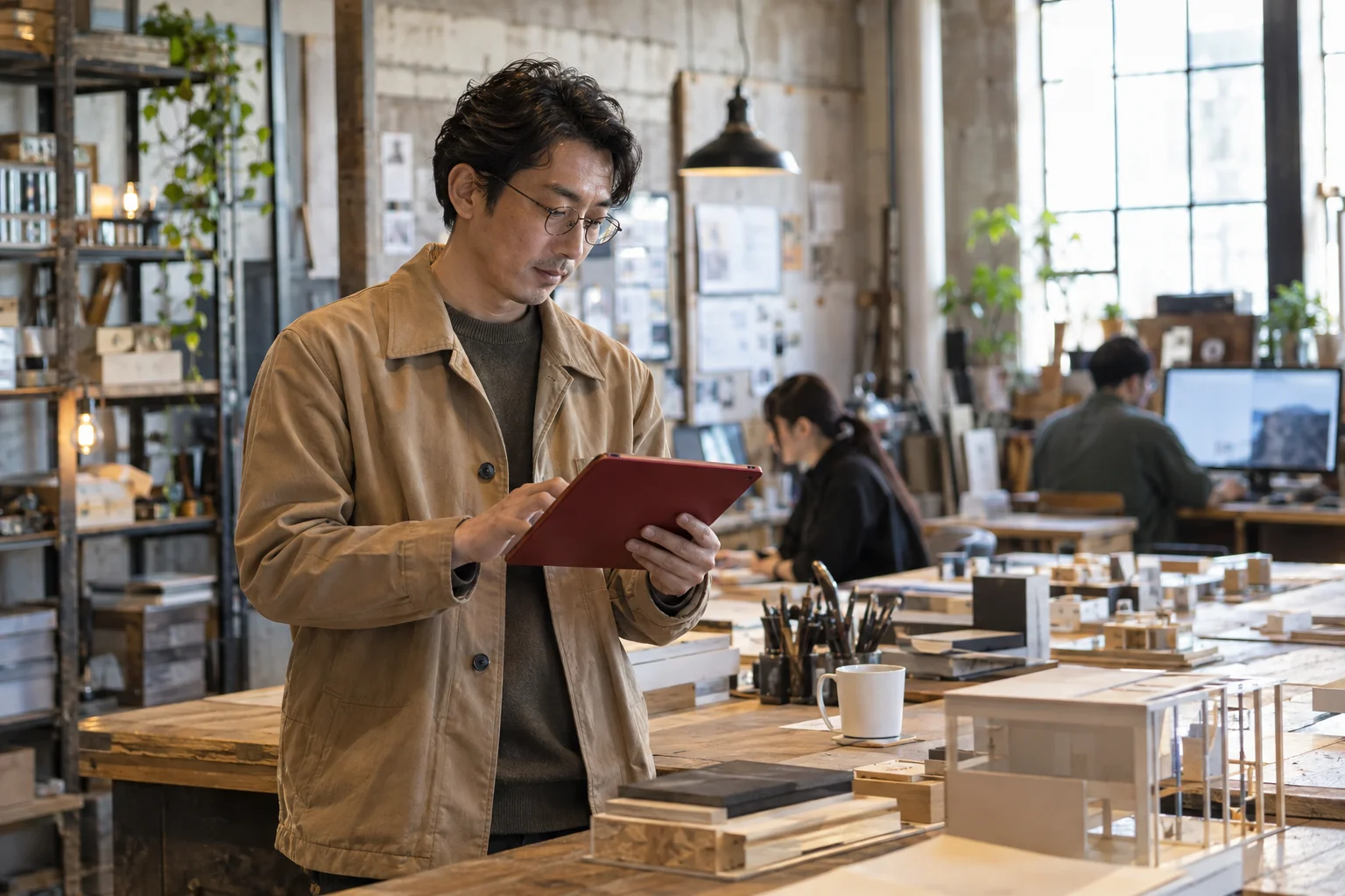 Professional checking a tablet in a creative workshop.