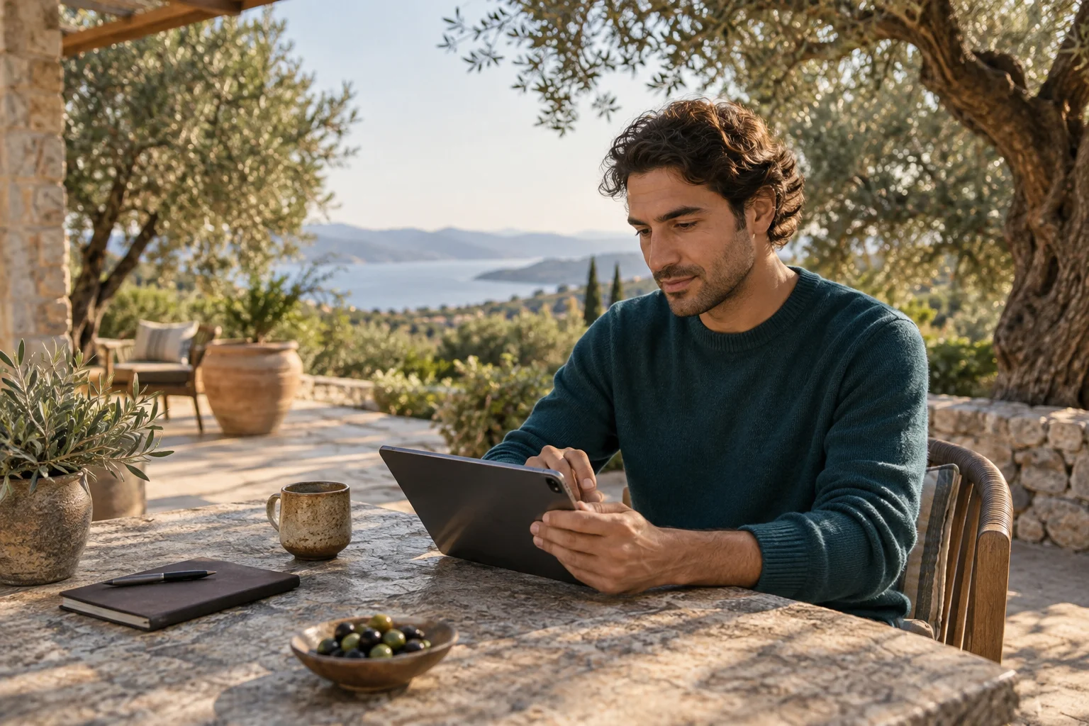Professional planning appointments on a tablet on an olive-grove terrace.