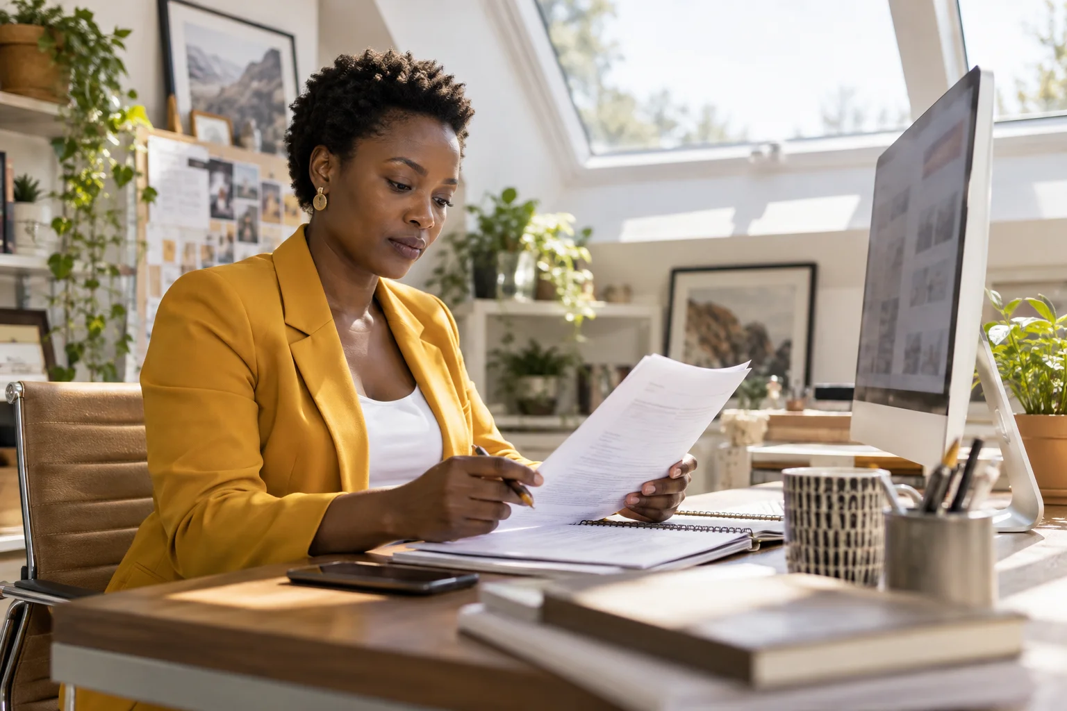 Organiser reviewing a printed agenda in a bright office.