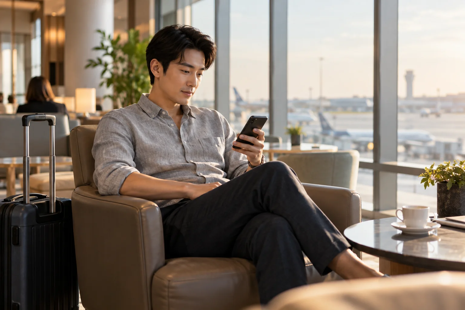 Traveler checking meeting details on a phone at an airport lounge.
