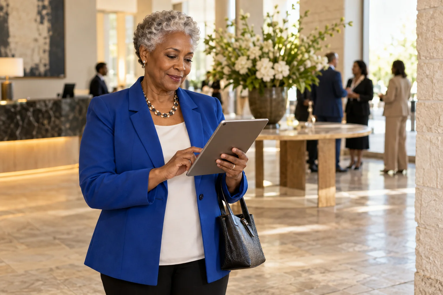 Organiser checking an invitation in a reception area.