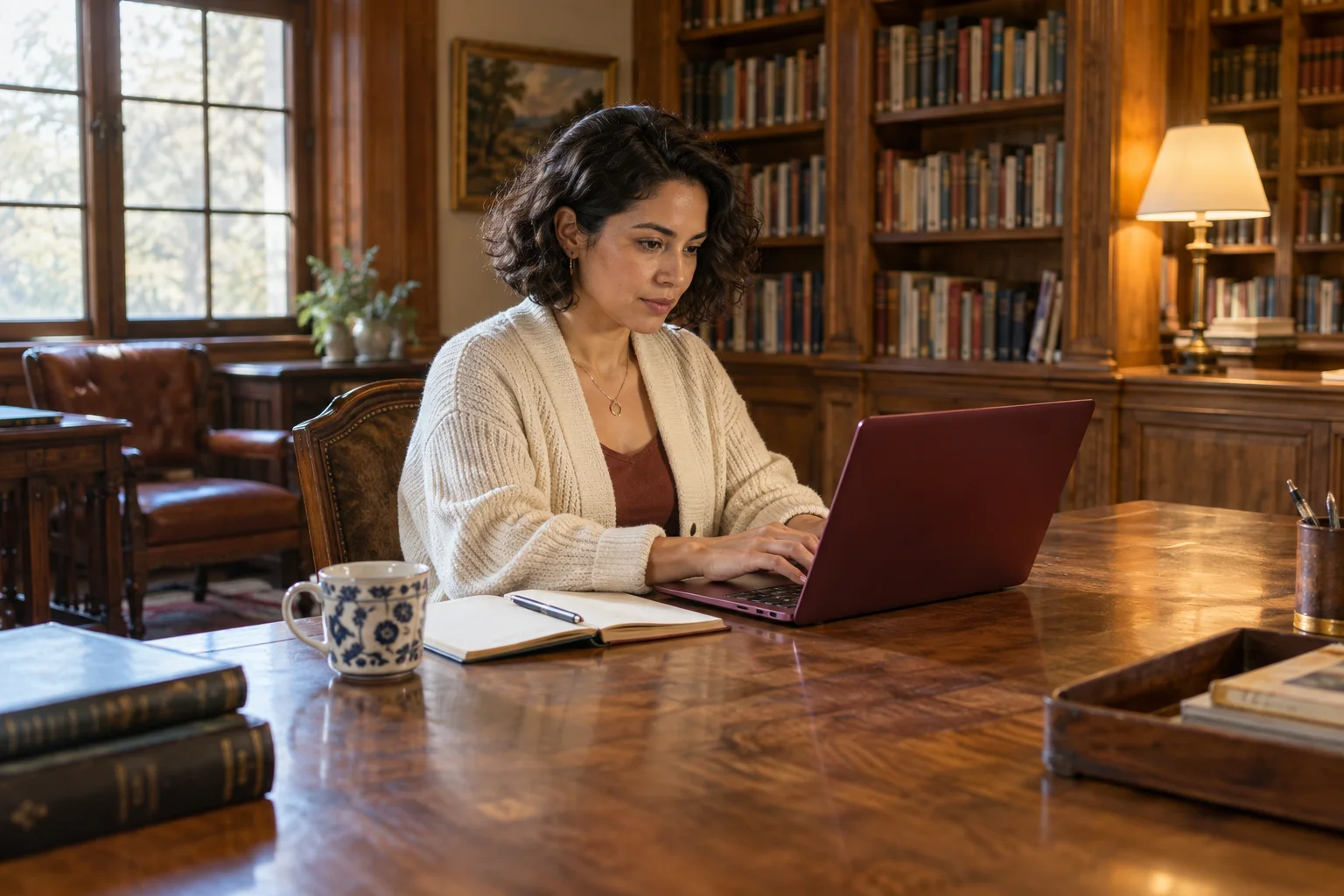 Professional working privately at a library desk.