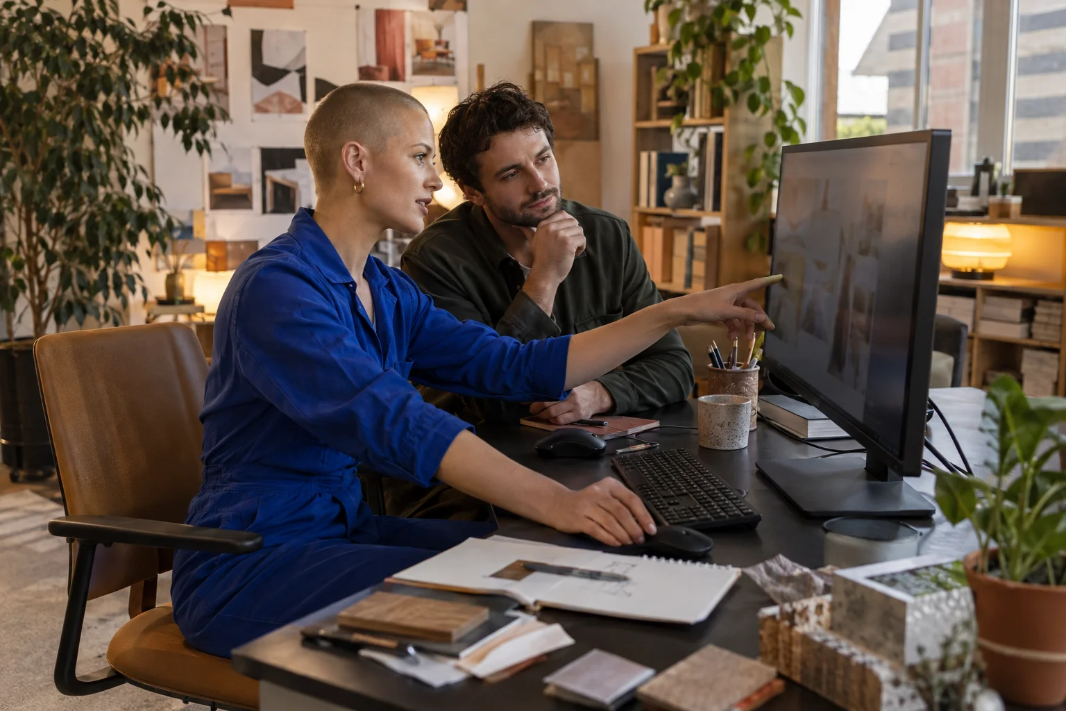 Designer reviewing work with a client at a workstation.