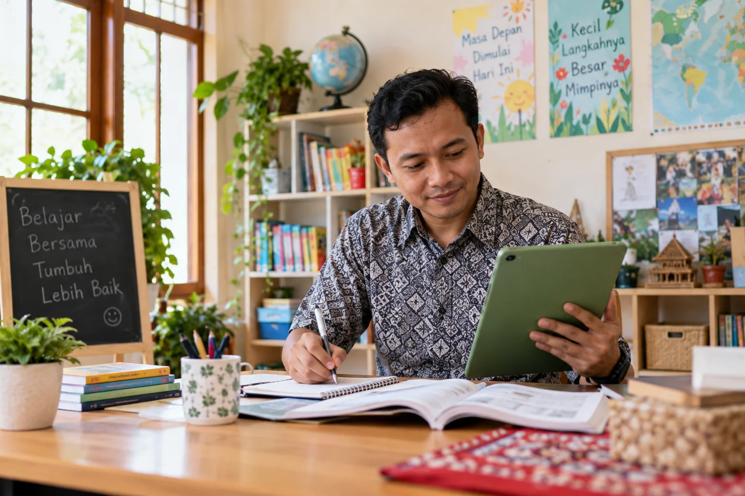 Tutor preparing a lesson on a tablet in a classroom.