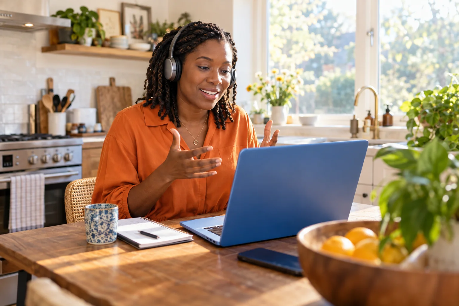 Professional speaking through headphones from her kitchen office.