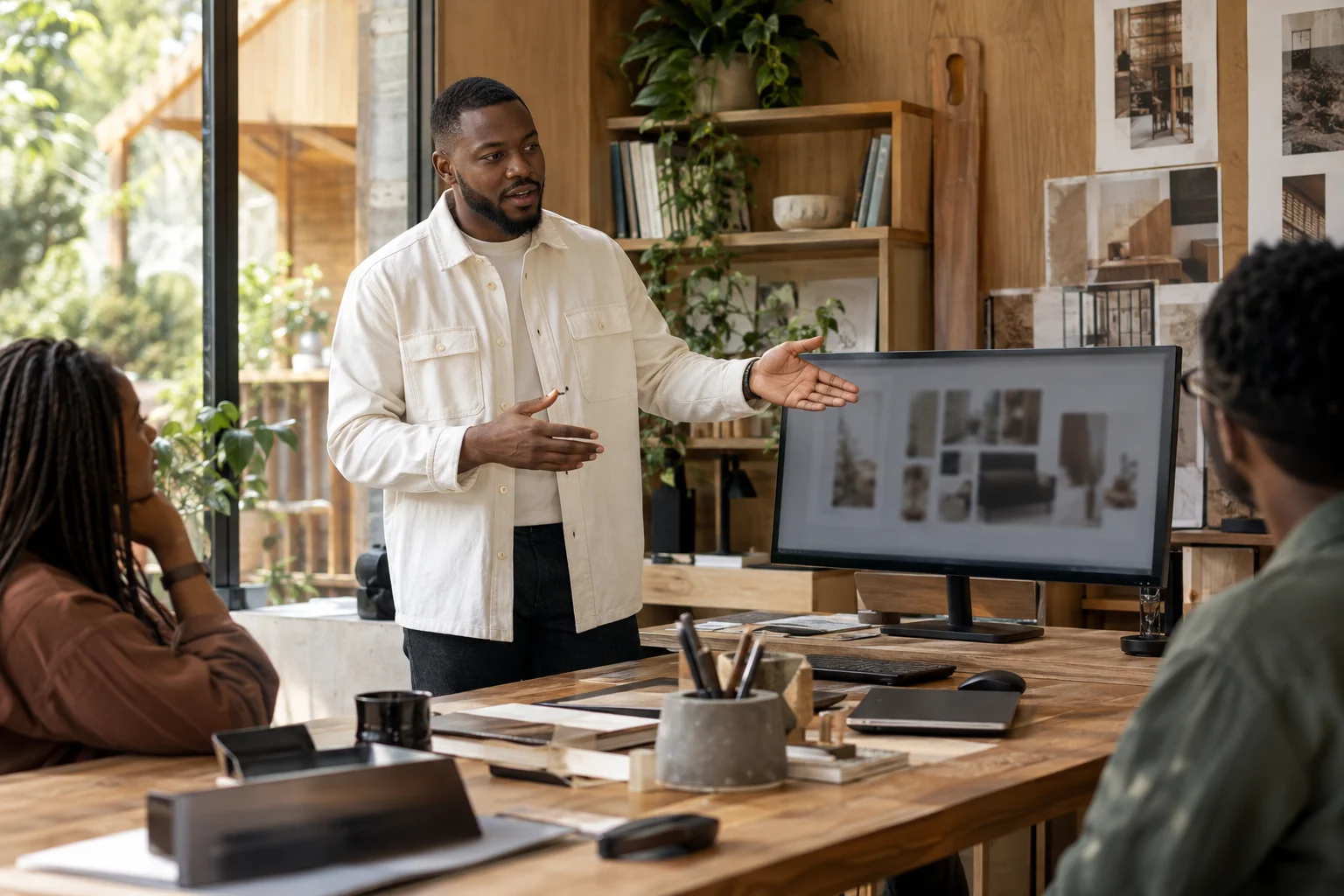 Designer presenting work from a widescreen workstation.