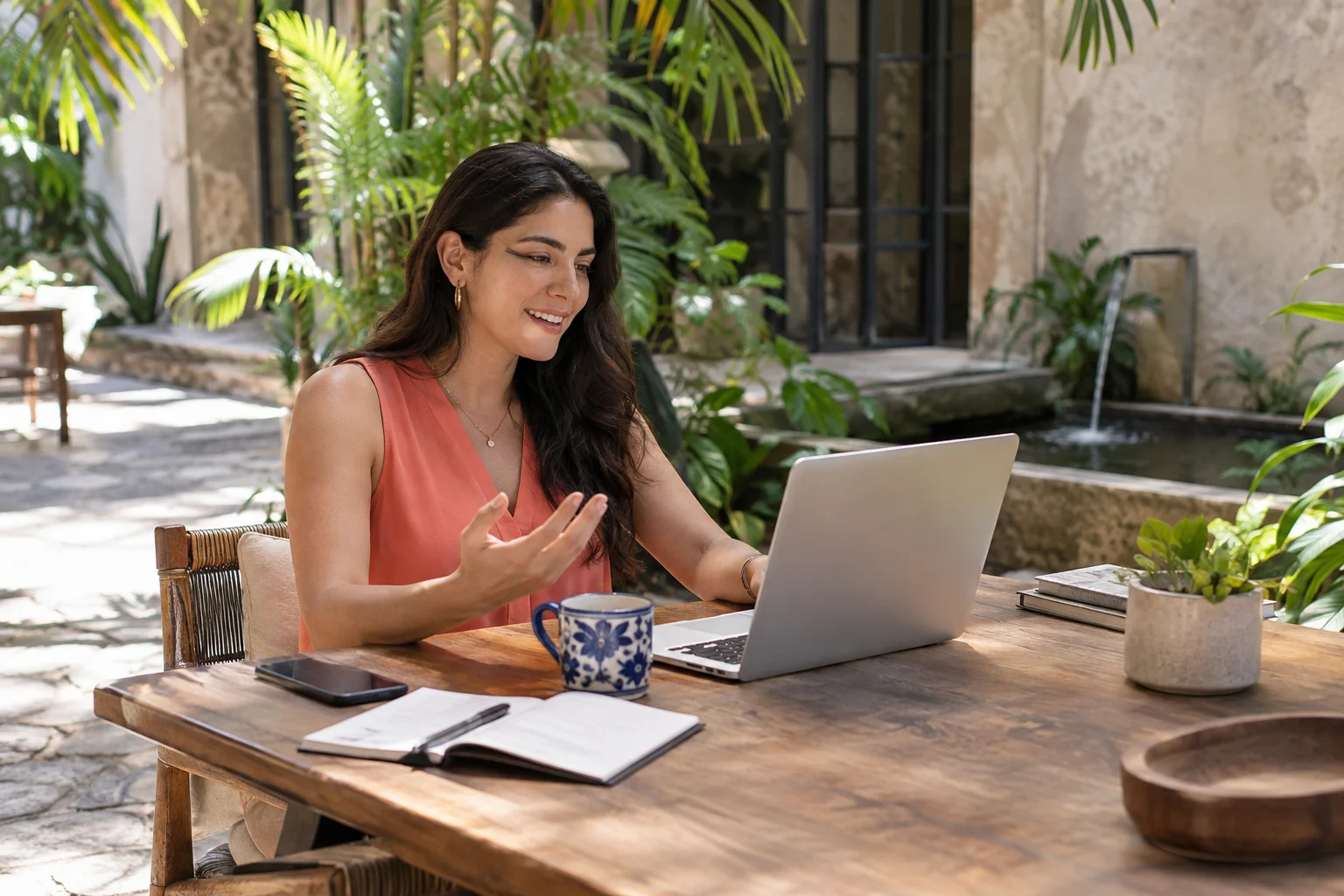 Professional joining a video meeting from a courtyard.