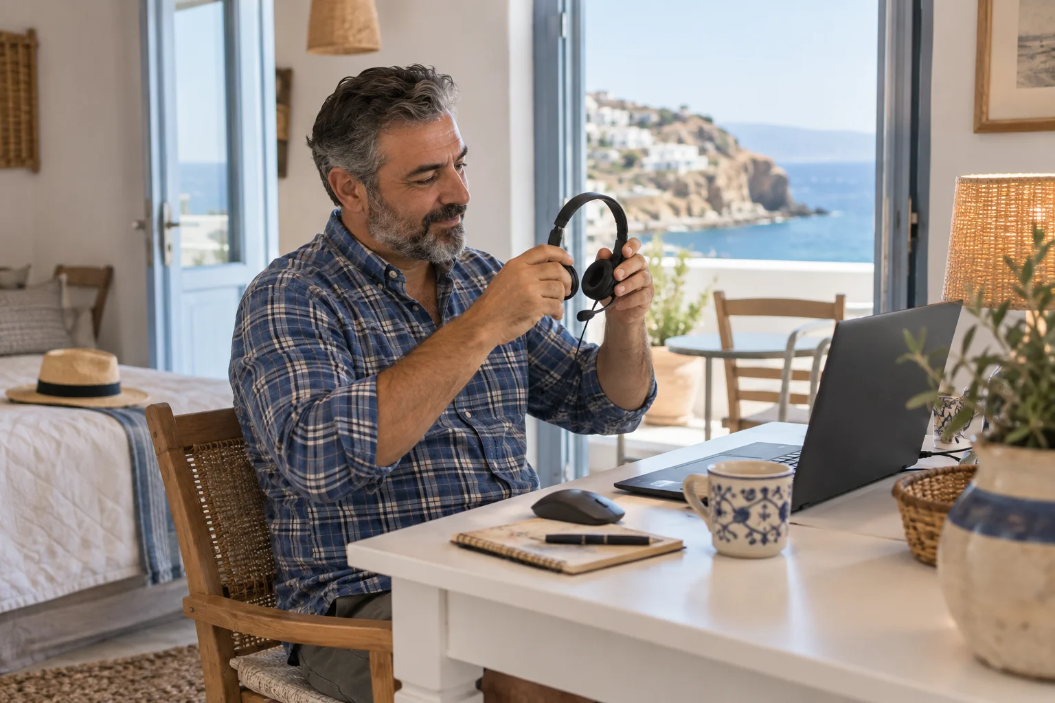 Guest checking his headphones before a meeting in a coastal room.