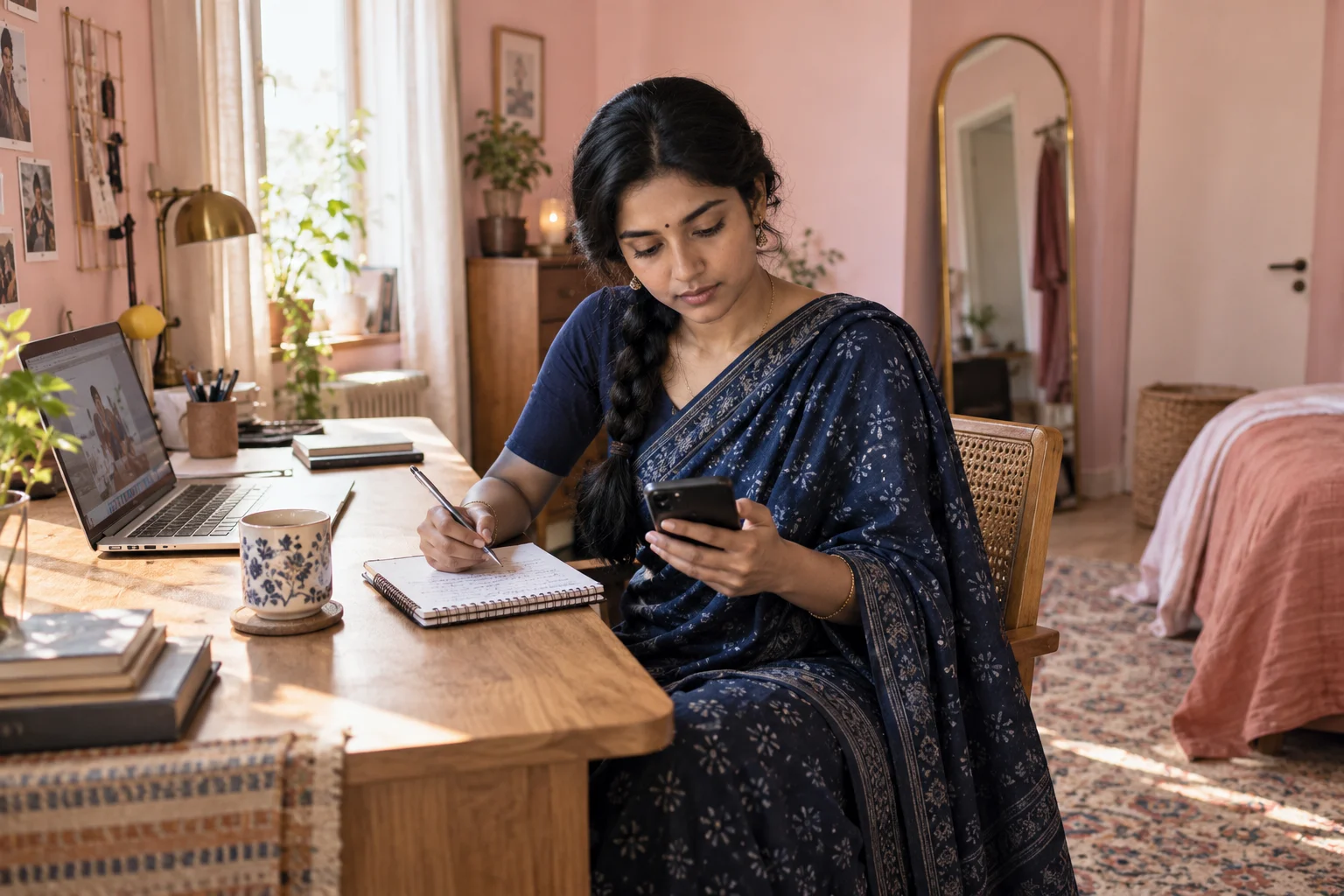 Candidate reviewing notes before joining from home.