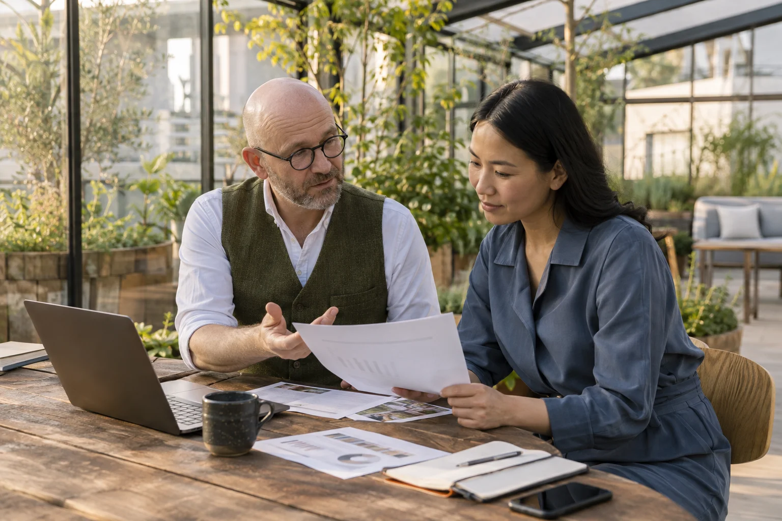 A consultant and client reviewing paperwork in a rooftop workspace