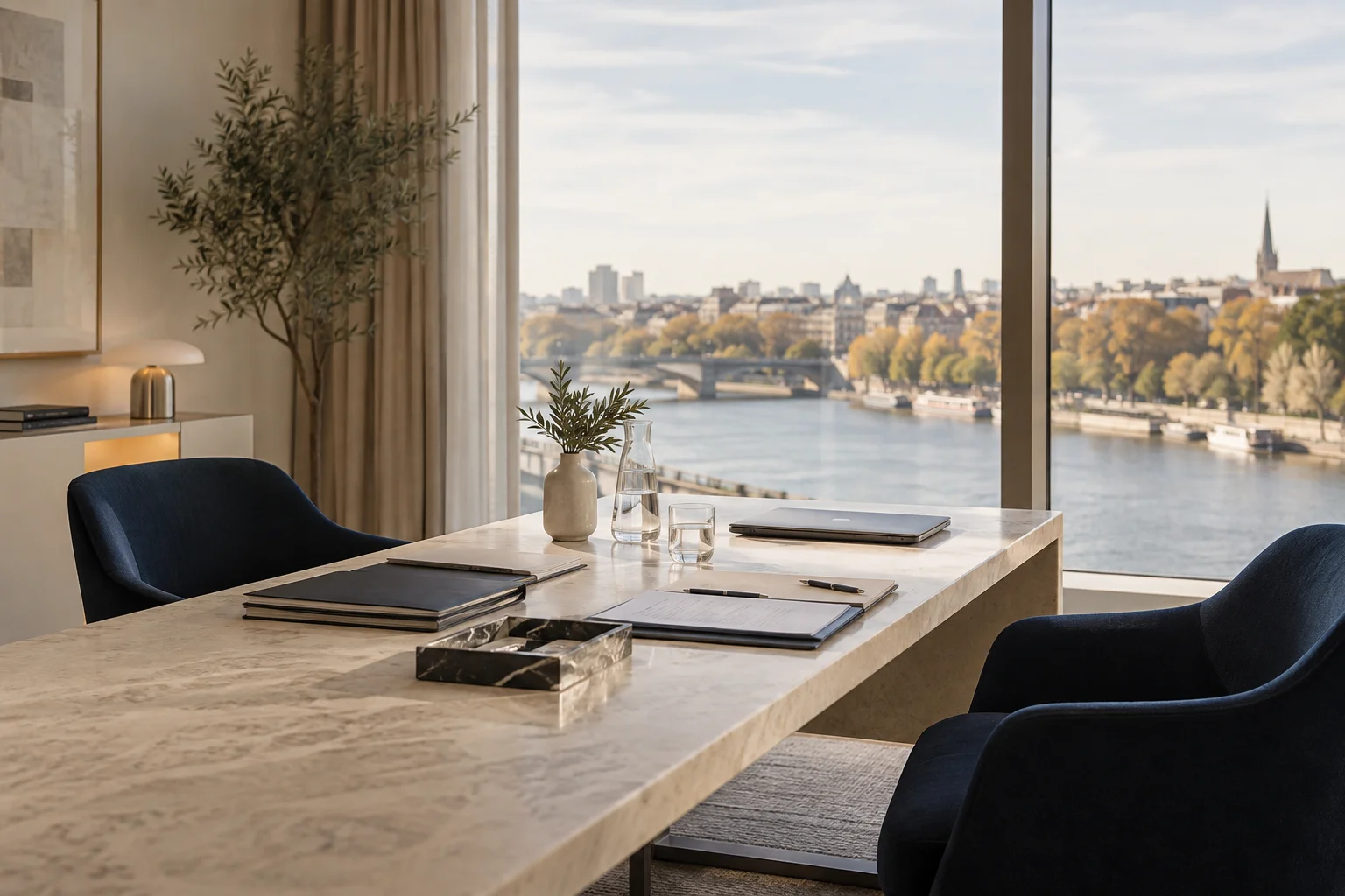 A quiet consultation room overlooking a river with folders on the table