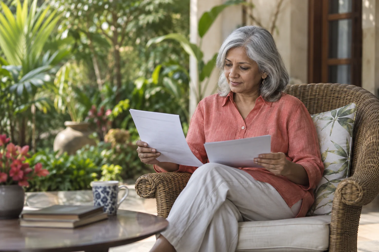 A woman reading document information in a tropical garden