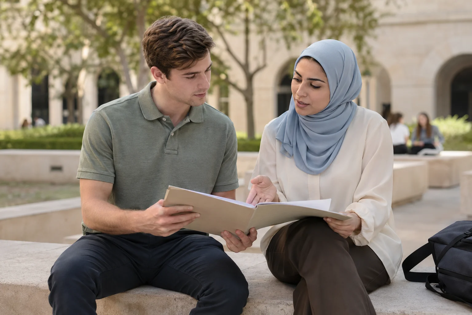 Two people discussing a paper folder in a university courtyard