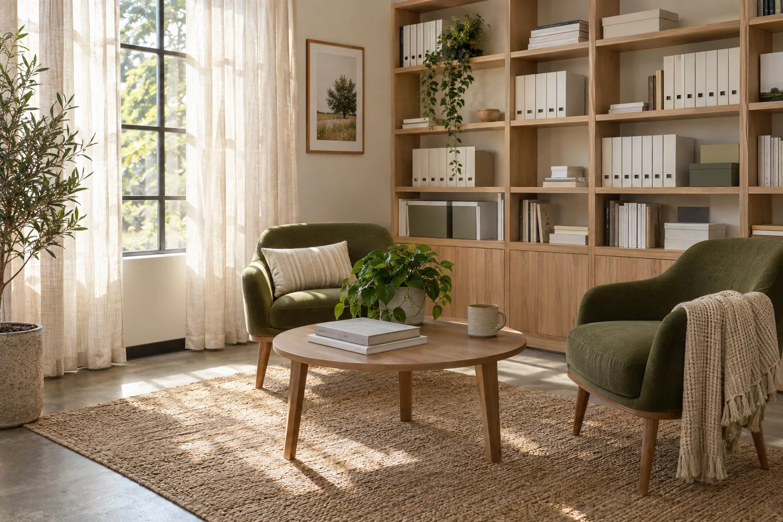 A quiet community resource room with shelves and green reading chairs