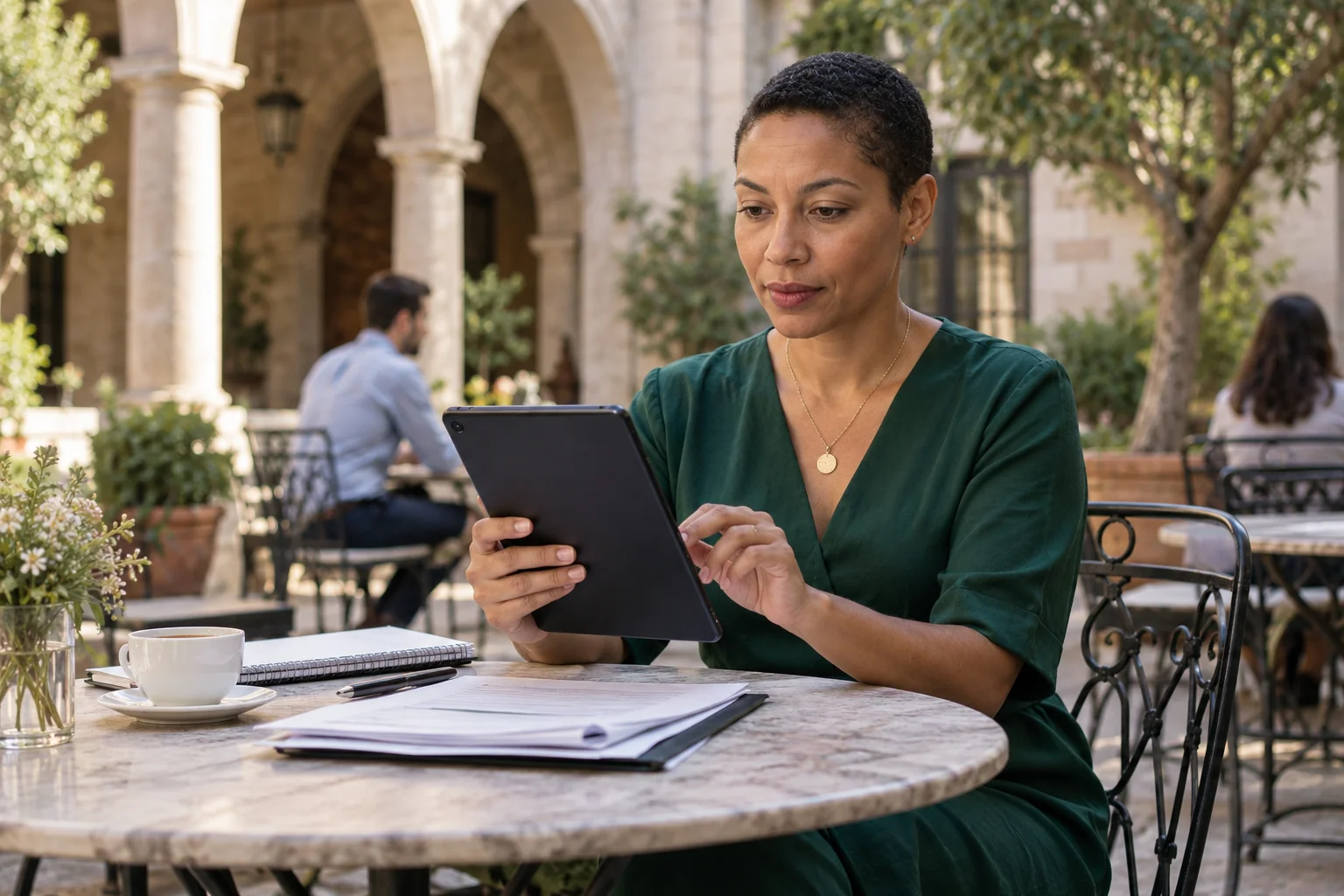 A person reading records on a tablet in a stone courtyard cafe