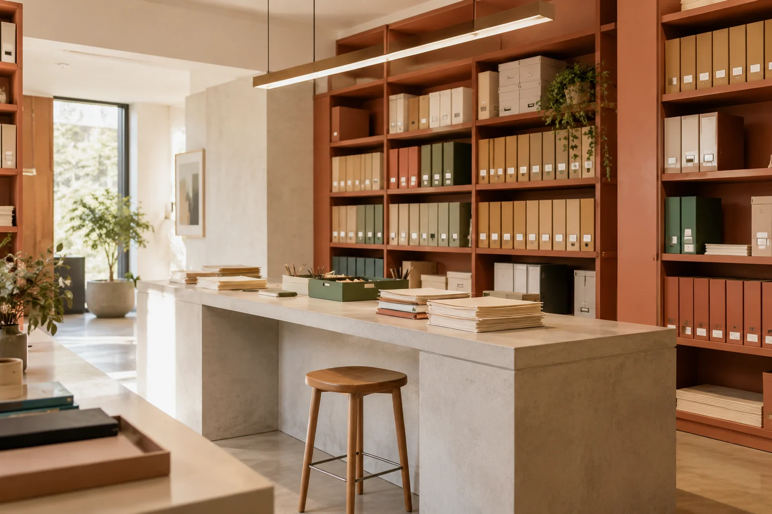 An organised document archive with terracotta shelving and pale counters