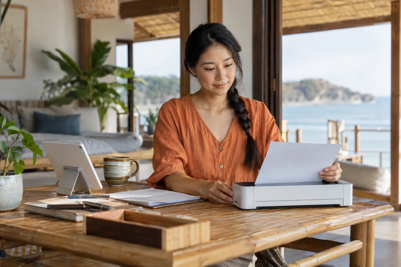 A woman preparing documents beside a compact scanner in a coastal home