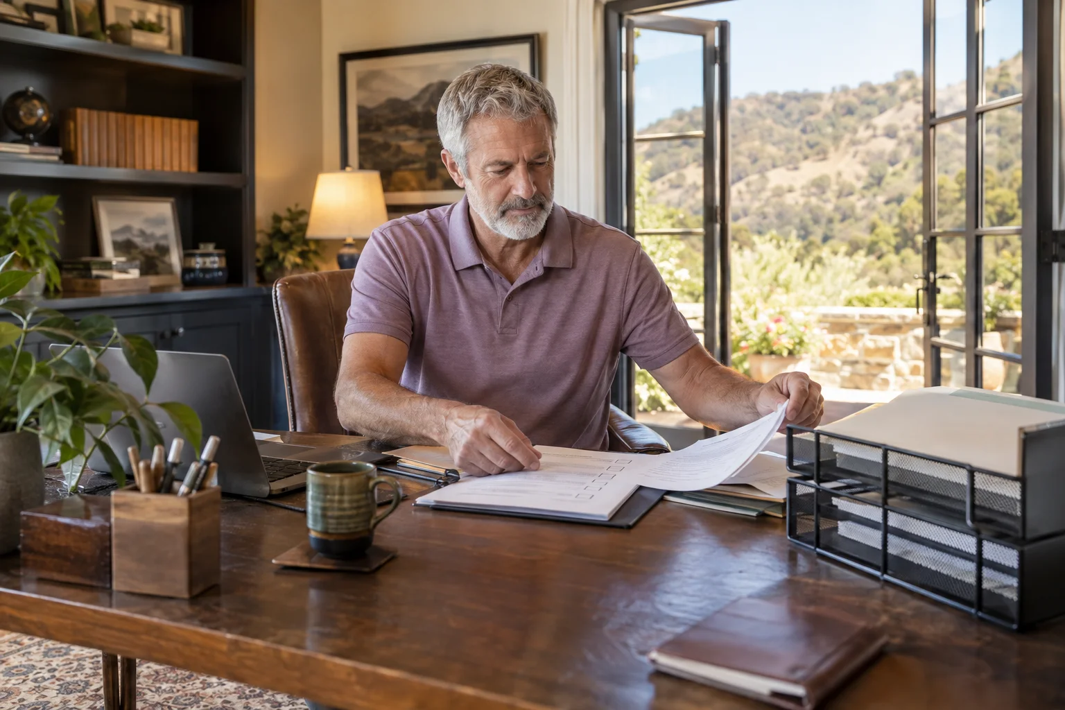 A man sorting a paper checklist in a hillside home study