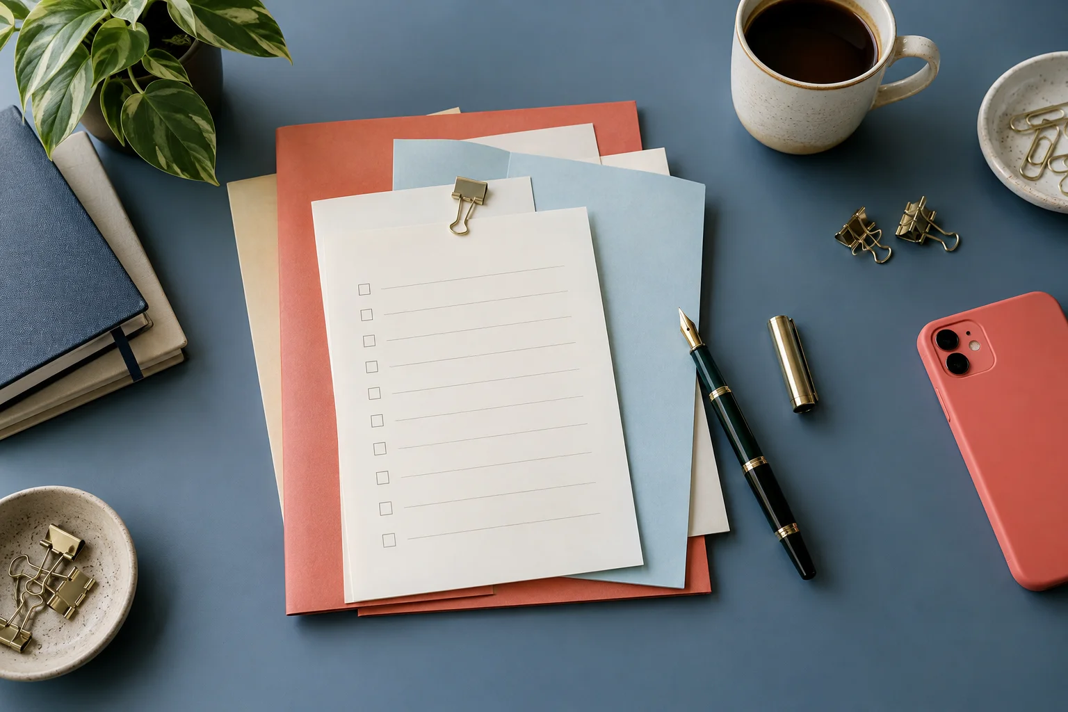 A blank checklist and coloured folders arranged on a blue desk