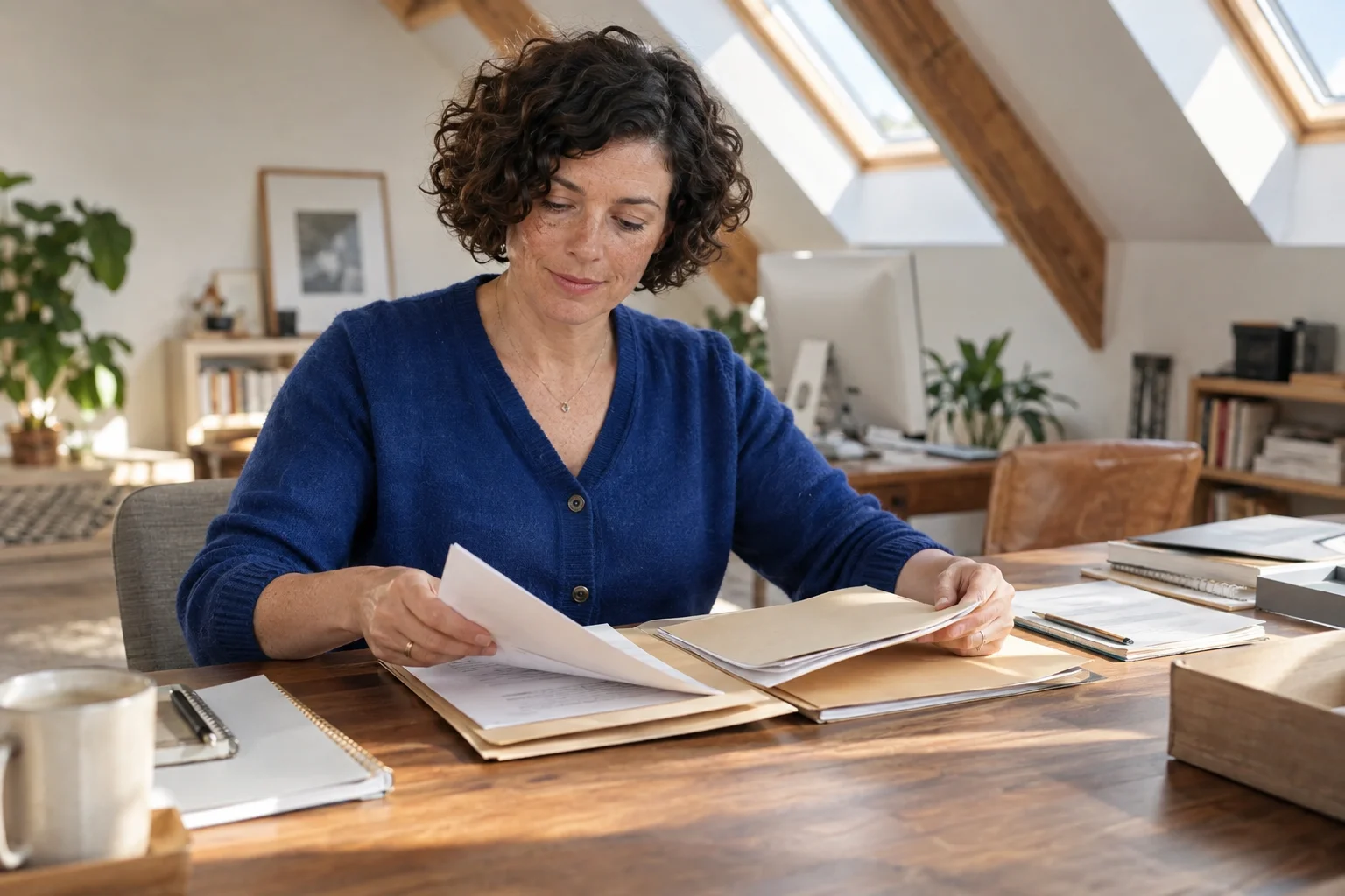 A woman organising paper records at a skylit loft table