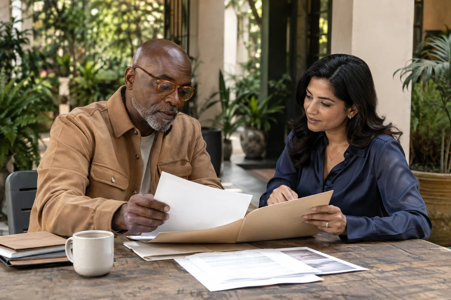 Two people reviewing folders together on a covered garden terrace