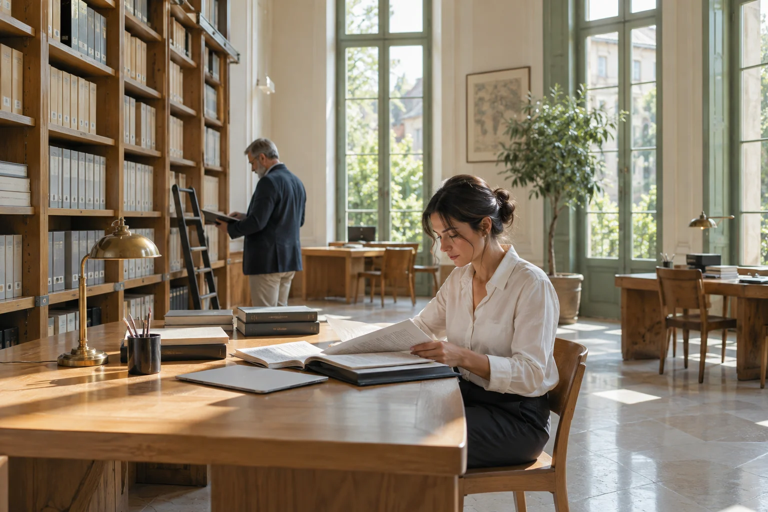Readers consulting documents in a bright high-windowed library