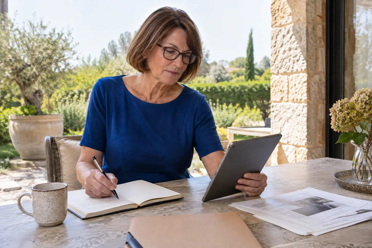 A woman comparing notes and a tablet at a garden-facing table