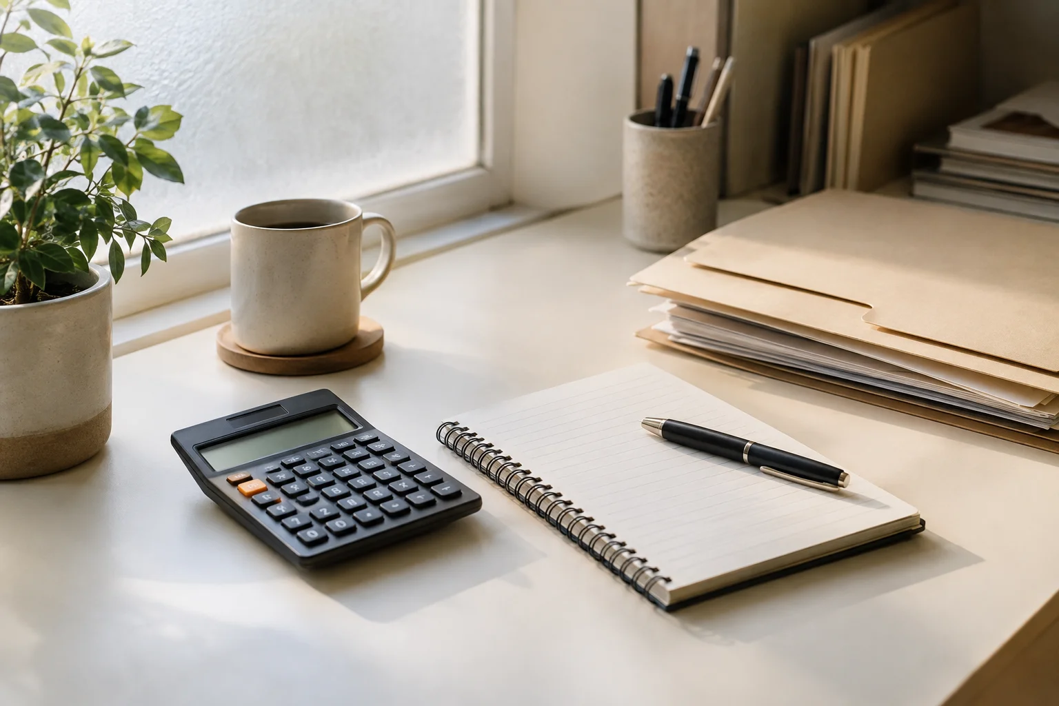 A calculator, blank notebook and folders on a cream desk