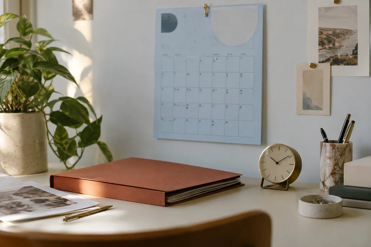 Un calendario da parete, cartella dei documenti e orologio da tavolo in un luminoso spazio di lavoro