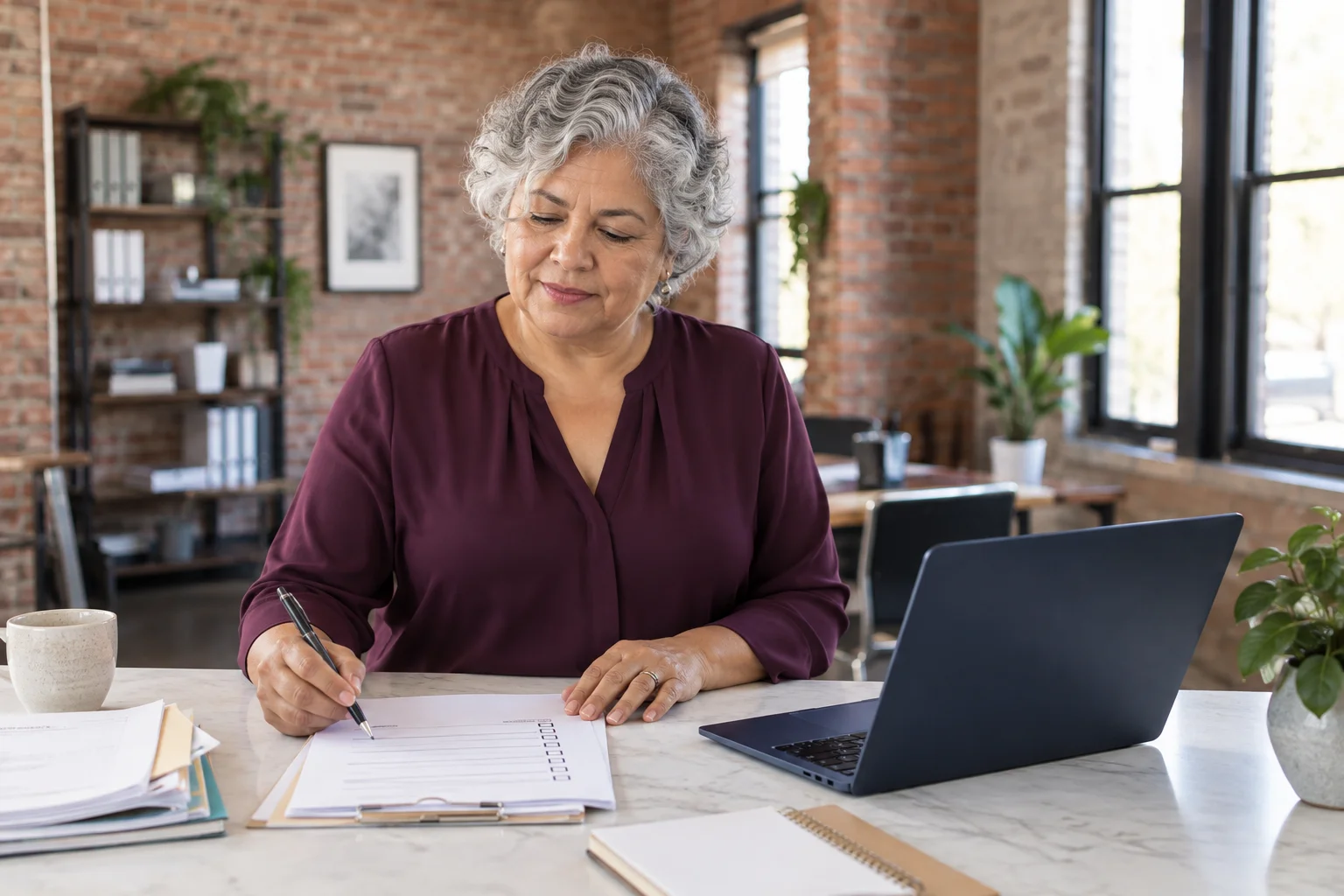 An accountant preparing a paper request checklist in a brick studio