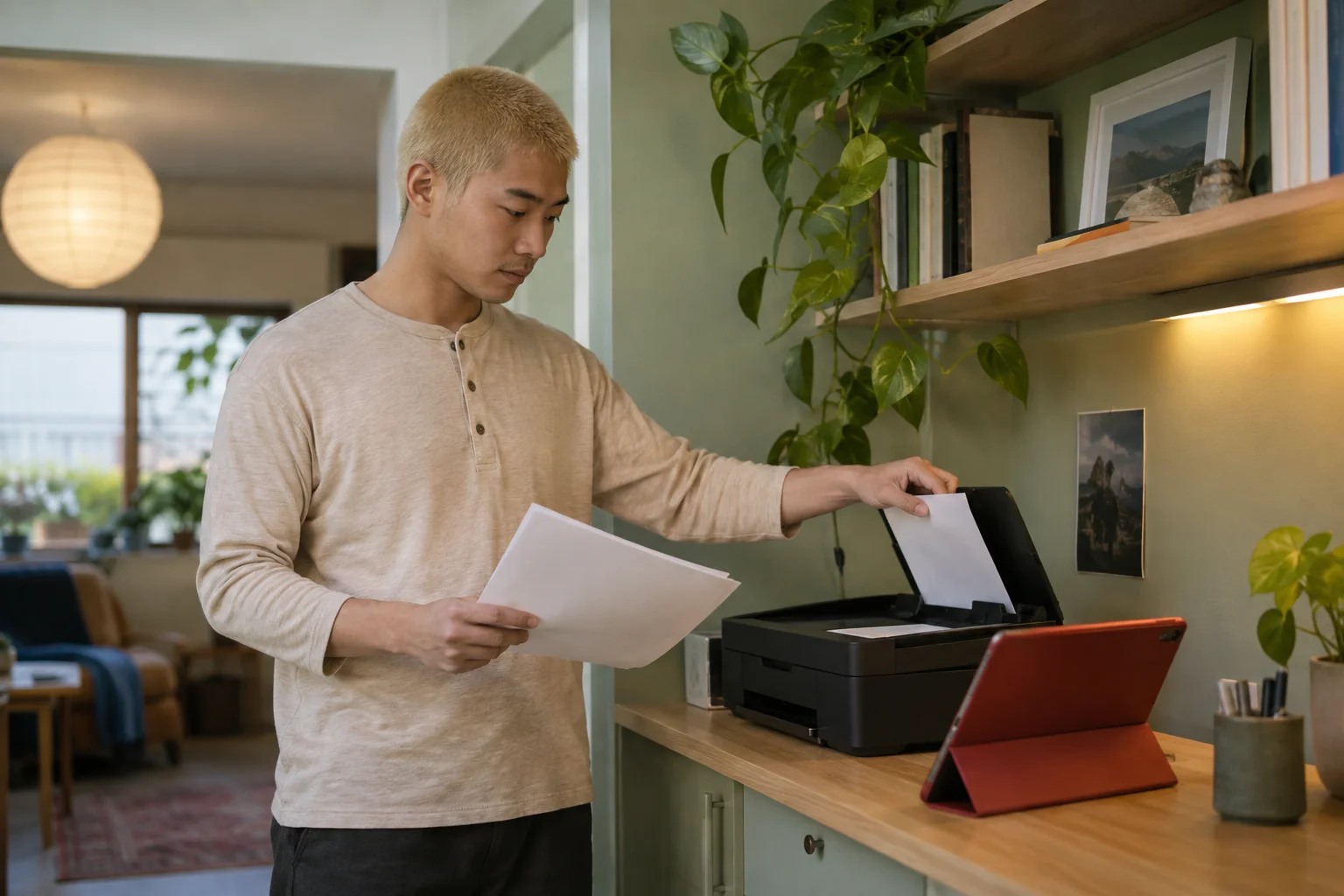 A person placing papers into a scanner in an apartment workspace