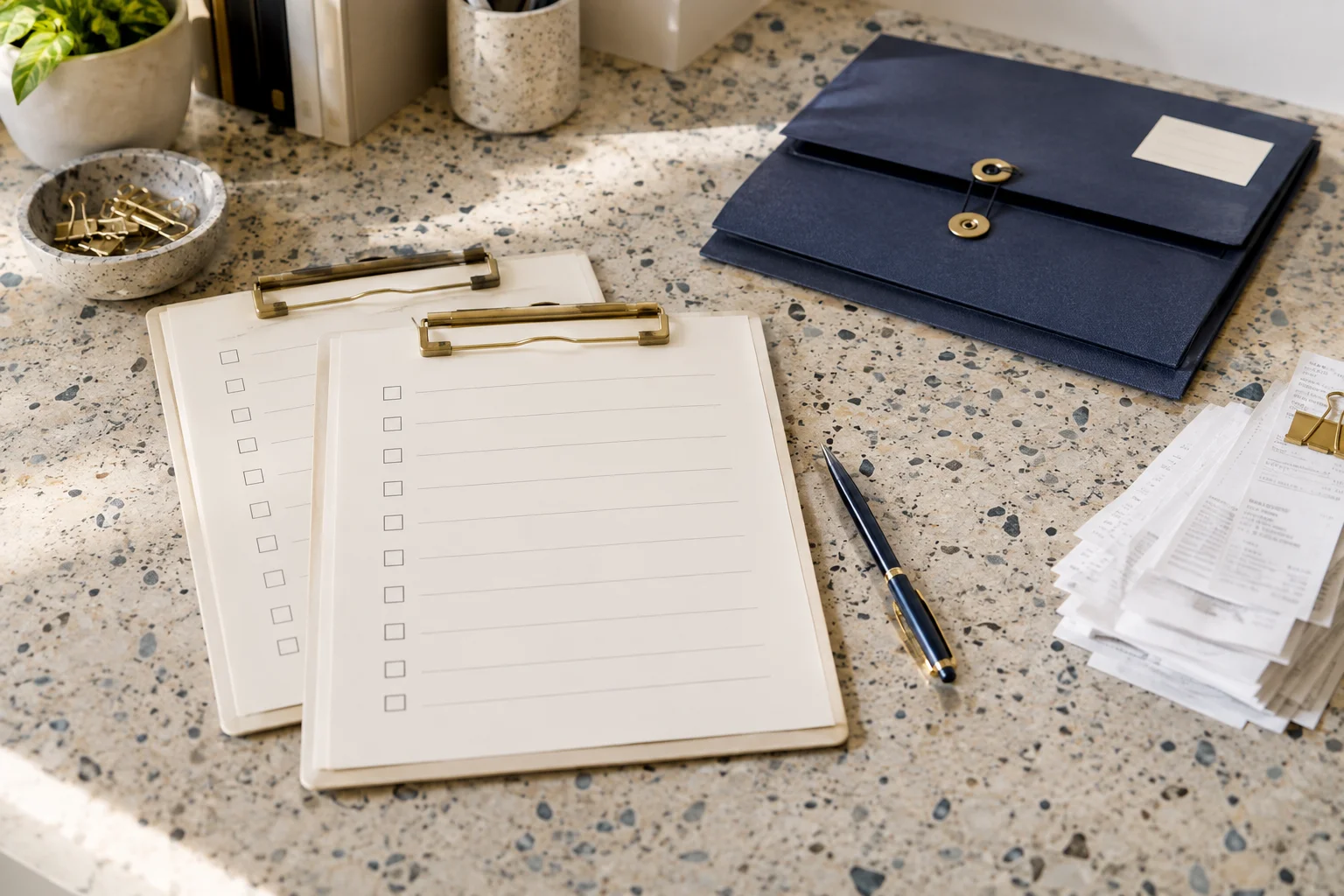 Clipboards, blank checklist pages and document pockets on a terrazzo counter